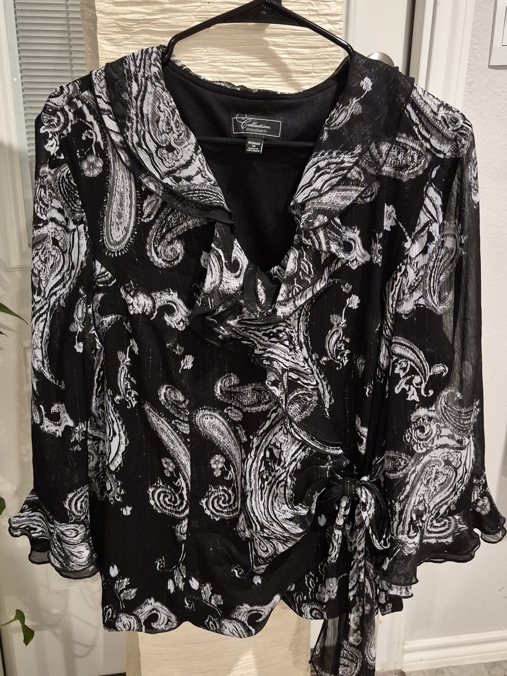 dressbarn Black & White Paisley Ruffle Wrap Blouse